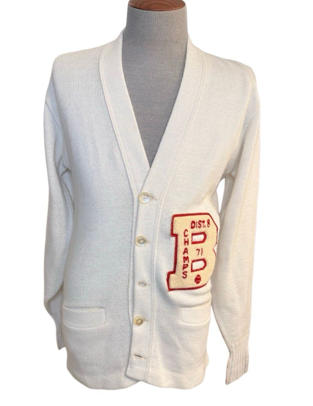 Varsity Letterman Cardigan Sweater 1971 East-Tenn White “B” Basketball Champs M